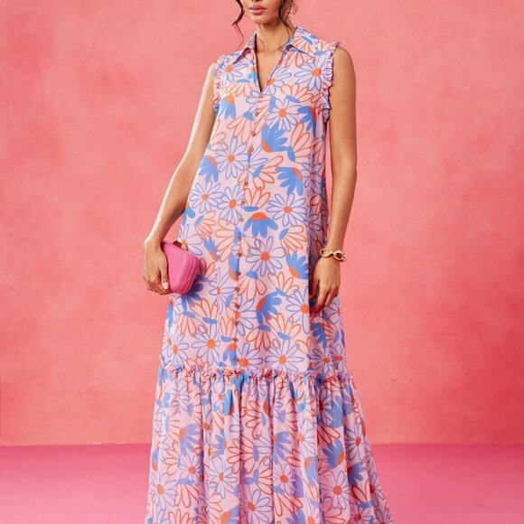 Multicolor Boho Women's Chiffon Floral Print Ruffle Hem Sleeveless Sun Dress - Picture 6 of 8